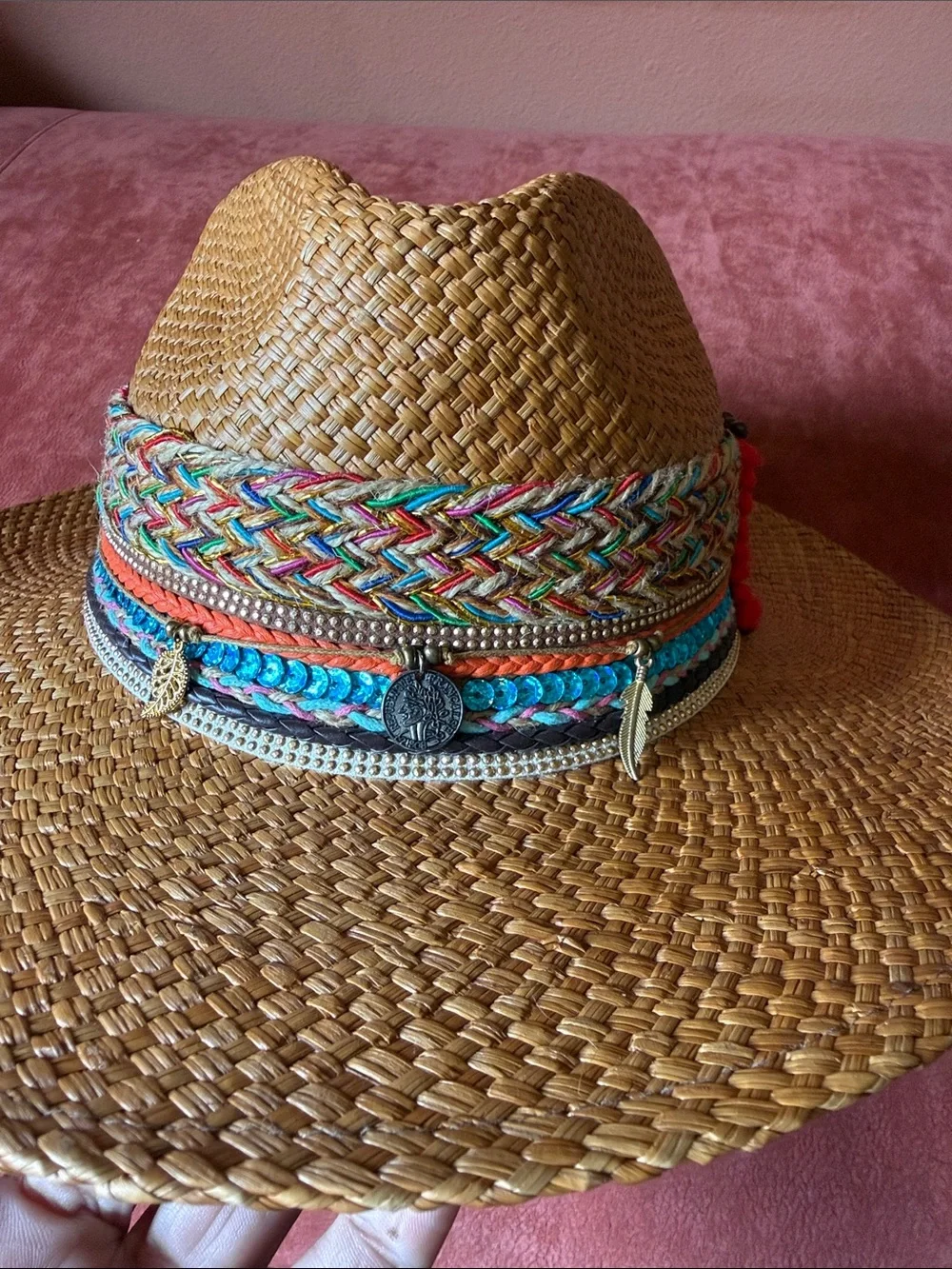 Women’s Straw Fedora Hat with Colorful Braided Band - Tan - Picture 7 of 7